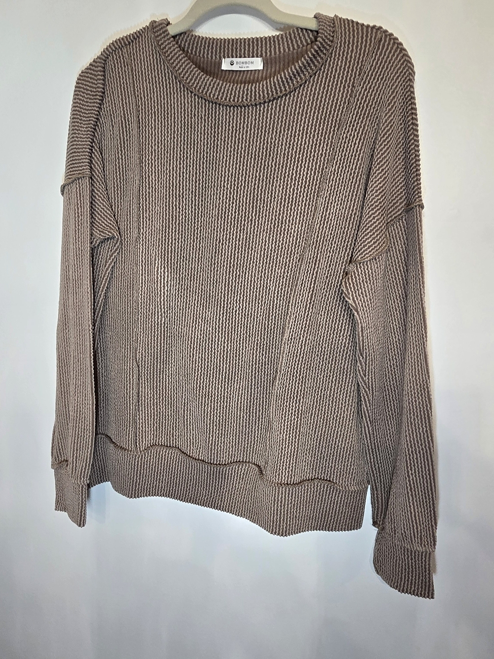 BOMBOM Lightweight Ribbed STRETCHY Crewneck Sweater in Taupe